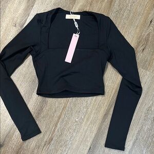 Black Long Sleeve Women's crop Top - square neck XS